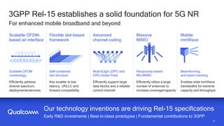 1616
Efficiently address
diverse spectrum,
deployments/services
Scalable OFDM-
based air interface
Scalable OFDM
numerology
Flexible slot-based
framework
Self-contained
slot structure
Advanced
channel coding
Massive
MIMO
Mobile
mmWave
Multi-Edge LDPC and
CRC-Aided Polar
Reciprocity-based
MU-MIMO
Key enabler to low
latency, URLLC and
forward compatibility
Efficiently support large
data blocks and a reliable
control channel
Efficiently utilize a large
number of antennas to
increase coverage/capacity
Enables wide mmWave
bandwidths for extreme
capacity and throughput
Beamforming
and beam-tracking
3GPP Rel-15 establishes a solid foundation for 5G NR
Our technology inventions are driving Rel-15 specifications
Early R&D investments | Best-in-class prototypes | Fundamental contributions to 3GPP
For enhanced mobile broadband and beyond
 