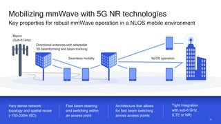 2424
Mobilizing mmWave with 5G NR technologies
Key properties for robust mmWave operation in a NLOS mobile environment
Very dense network
topology and spatial reuse
(~150-200m ISD)
Fast beam steering
and switching within
an access point
Tight integration
with sub-6 GHz
(LTE or NR)
Architecture that allows
for fast beam switching
across access points
Directional antennas with adaptable
3D beamforming and beam tracking
NLOS operation
Macro
(Sub-6 GHz)
Seamless mobility
 