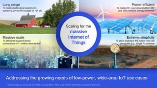50
Addressing the growing needs of low-power, wide-area IoT use cases
1. Maximum Coupling Loss, assuming data rate of 160bps; 2. Assuming 200B UL + 20B DL per day at 164 MCL with 5Wh battery; 3. Compared to IMT-Advanced
Power efficient
To realize10+ year device battery life2
and 100x network energy efficiency3
Long range
To reach challenging locations by
achieving device link budget of 164 dB1
massive
Internet of
Things
Scaling for the
Massive scale
To efficiently support dense
connections of 1+ million devices/km2
Extreme simplicity
To allow scaling to the lowest-end use
cases with e.g., single Rx antenna
 