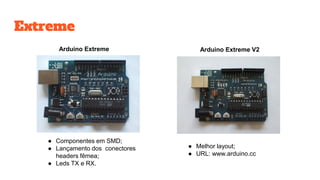 Extreme
Arduino Extreme Arduino Extreme V2
● Componentes em SMD;
● Lançamento dos conectores
headers fêmea;
● Leds TX e RX.
● Melhor layout;
● URL: www.arduino.cc
 