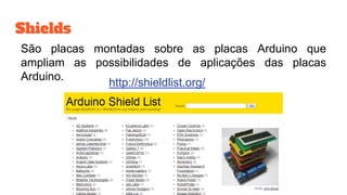 Shields
São placas montadas sobre as placas Arduino que
ampliam as possibilidades de aplicações das placas
Arduino.
http://shieldlist.org/
 