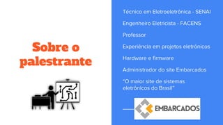 Sobre o
palestrante
Técnico em Eletroeletrônica - SENAI
Engenheiro Eletricista - FACENS
Professor
Experiência em projetos eletrônicos
Hardware e firmware
Administrador do site Embarcados
“O maior site de sistemas
eletrônicos do Brasil”
 