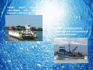 FERRY      BOAT:      Embarcação
responsável     em     transportar
pessoas e veículos.




                                     BARCOS PESQUEIROS:
                                     Destinados ao transportes de
                                     diversos pescados.
 