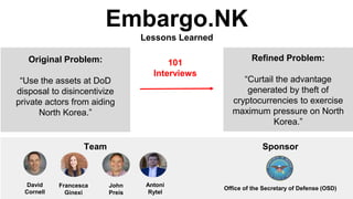 Team
Embargo.NK
Lessons Learned
Refined Problem:
“Curtail the advantage
generated by theft of
cryptocurrencies to exercise
maximum pressure on North
Korea.”
Original Problem:
“Use the assets at DoD
disposal to disincentivize
private actors from aiding
North Korea.”
101
Interviews
David
Cornell
Francesca
Ginexi
John
Preis
Antoni
Rytel
Sponsor
Office of the Secretary of Defense (OSD)
 