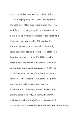 teens report that they use most often, with 41%
of youth saying they use it most. Instagram is
the next most often used social media platform,
with 20% of teens saying they use it most often.
Fully 11% of teens say Snapchat is the social site
they use most, and another 6% say Twitter.
The data shows a split in social media use by
socio-economic status. Less well-off teens from
families earning less than $30,000 annually
remain more connected to Facebook, with 51%
saying they use it most, compared with 38% of
teens from wealthier families. More well-to-do
teens instead are significantly more likely than
the least well-off teens to say they visit
Snapchat most, with 14% of those from families
earning more than $75,000 saying Snapchat is
their top social media platform, compared with
7% of teens whose families earn less than $30,000 annually.
 