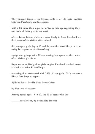 The youngest teens — the 13-year-olds — divide their loyalties
between Facebook and Instagram,
with a bit more than a quarter of teens this age reporting they
use each of these platforms most
often. Teens 14 and older are more likely to have Facebook as
their most often visited site. Indeed
the youngest girls (ages 13 and 14) are the most likely to report
using Instagram most often of any
age/gender group, with 31% reporting Instagram as their most
often visited platform.
Boys are more likely than girls to give Facebook as their most
visited site, with 45% of boys
reporting that, compared with 36% of teen girls. Girls are more
likely than boys to report
Split in Social Media Used Most Often
by Household Income
Among teens ages 13 to 17, the % of teens who use
______ most often, by household income
 