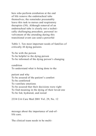 bers who perform extubation at the end
of life remove the endotracheal tube
themselves; the remainder presumably
leave this task to nurses and respiratory
therapists (30). Although removal of an
endotracheal tube is clearly not a techni-
cally challenging procedure, personal in-
volvement of the attending during this
transitional event can send a powerful
Table 1. Ten most important needs of families of
critically ill dying patients
To be with the person
To be helpful to the dying person
To be informed of the dying person’s changing
condition
To understand what is being done to the
patient and why
To be assured of the patient’s comfort
To be comforted
To ventilate emotions
To be assured that their decisions were right
To find meaning in the dying of their loved one
To be fed, hydrated, and rested
2334 Crit Care Med 2001 Vol. 29, No. 12
message about the importance of end-of-
life care.
The clinical team needs to be multi-
 