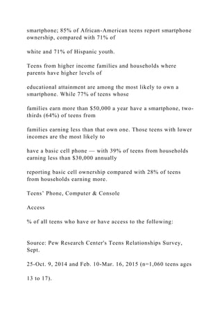 smartphone; 85% of African-American teens report smartphone
ownership, compared with 71% of
white and 71% of Hispanic youth.
Teens from higher income families and households where
parents have higher levels of
educational attainment are among the most likely to own a
smartphone. While 77% of teens whose
families earn more than $50,000 a year have a smartphone, two-
thirds (64%) of teens from
families earning less than that own one. Those teens with lower
incomes are the most likely to
have a basic cell phone — with 39% of teens from households
earning less than $30,000 annually
reporting basic cell ownership compared with 28% of teens
from households earning more.
Teens’ Phone, Computer & Console
Access
% of all teens who have or have access to the following:
Source: Pew Research Center's Teens Relationships Survey,
Sept.
25-Oct. 9, 2014 and Feb. 10-Mar. 16, 2015 (n=1,060 teens ages
13 to 17).
 