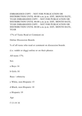 EMBARGOED COPY – NOT FOR PUBLICATION OR
DISTRIBUTION UNTIL 00:00 a.m./p.m. EDT, MONTH DATE,
YEAR EMBARGOED COPY – NOT FOR PUBLICATION OR
DISTRIBUTION UNTIL 00:00 a.m./p.m. EDT, MONTH DATE,
YEAR EMBARGOED COPY – NOT FOR PUBLICATION OR
DISTRIBUTION UNTIL 00:00 a.m./p.m. EDT, MONTH DATE,
YEAR
17% of Teens Read or Comment on
Online Discussion Boards
% of all teens who read or comment on discussion boards
(i.e. reddit or digg) online or on their phones
All teens 17%
Sex
a Boys 16
b Girls 18
Race / ethnicity
c White, non-Hispanic 15
d Black, non-Hispanic 18
e Hispanic 19
Age
f 13-14 16
 