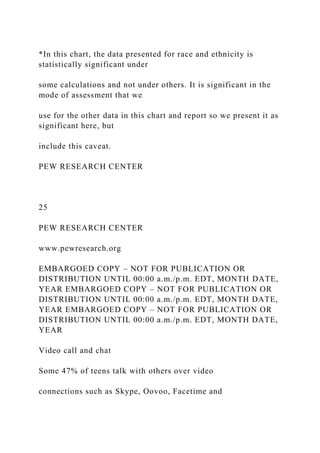 *In this chart, the data presented for race and ethnicity is
statistically significant under
some calculations and not under others. It is significant in the
mode of assessment that we
use for the other data in this chart and report so we present it as
significant here, but
include this caveat.
PEW RESEARCH CENTER
25
PEW RESEARCH CENTER
www.pewresearch.org
EMBARGOED COPY – NOT FOR PUBLICATION OR
DISTRIBUTION UNTIL 00:00 a.m./p.m. EDT, MONTH DATE,
YEAR EMBARGOED COPY – NOT FOR PUBLICATION OR
DISTRIBUTION UNTIL 00:00 a.m./p.m. EDT, MONTH DATE,
YEAR EMBARGOED COPY – NOT FOR PUBLICATION OR
DISTRIBUTION UNTIL 00:00 a.m./p.m. EDT, MONTH DATE,
YEAR
Video call and chat
Some 47% of teens talk with others over video
connections such as Skype, Oovoo, Facetime and
 