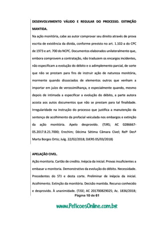 Página 10 de 61
DESENVOLVIMENTO VÁLIDO E REGULAR DO PROCESSO. EXTINÇÃO
MANTIDA.
Na ação monitória, cabe ao autor comprovar seu direito através de prova
escrita de existência da dívida, conforme previsto no art. 1.102-a do CPC
de 1973 e art. 700 do NCPC. Documentos elaborados unilateralmente que,
embora comprovem a contratação, não traduzem os encargos incidentes,
não especificam a evolução do débito e o adimplemento parcial, de sorte
que não se prestam para fins de instruir ação de natureza monitória,
mormente quando dissociados de elementos outros que venham a
importar em juízo de verossimilhança, e especialmente quando, mesmo
depois de intimada a especificar a evolução do débito, a parte autora
acosta aos autos documentos que não se prestam para tal finalidade.
Irregularidade na instrução do processo que justifica a manutenção da
sentença de acolhimento da prefacial veiculada nos embargos e extinção
da ação monitória. Apelo desprovido. (TJRS; AC 0286667-
05.2017.8.21.7000; Erechim; Décima Sétima Câmara Cível; Relª Desª
Marta Borges Ortiz; Julg. 22/02/2018; DJERS 05/03/2018)
APELAÇÃO CIVEL.
Ação monitoria. Cartão de credito. Inépcia da inicial. Provas insuficientes a
embasar a monitoria. Demonstrativo da evolução do débito. Necessidade.
Precedentes do STJ e desta corte. Preliminar de inépcia da inicial.
Acolhimento. Extinção da monitória. Decisão mantida. Recurso conhecido
e desprovido. À unanimidade. (TJSE; AC 201700829025; Ac. 1836/2018;
 