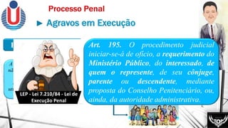 PROCEDIMENTO
A lei de Execução Penal (LEP)
não dispõe sobre o procedimento
do agravo em execução.
Na falta de disposição legal,
utiliza-se o mesmo procedimento
do RESE.
LEGITIMADOS
Condenado
Art. 195. O procedimento judicial
iniciar-se-á de ofício, a requerimento do
Ministério Público, do interessado, de
quem o represente, de seu cônjuge,
parente ou descendente, mediante
proposta do Conselho Penitenciário, ou,
ainda, da autoridade administrativa.
LEP - Lei 7.210/84 - Lei de
Execução Penal
 