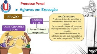 PRAZO
Para o Tribunal
competente
RAZÕES
2 DIAS
RAZÕES/PEDIDO
A reforma da decisão recorrida é a
concessão do direito que havia sido
negado.
Se a retratação for parcial, o Agravo
Prosseguirá em relação ao que não foi
retratado.
Caso o Tribunal decida antes da
retratação do juiz, nada mais caberá a
este senão cumprir o ACÓRDÃO.
CONTRARAZÕES
2 DIAS
 
