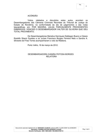 Fls.
                                                                                                                 2




                    ACÓRDÃO

                Vistos, relatados e discutidos estes autos, acordam os
Desembargadores das Câmaras Criminais Reunidas do Tribunal de Justiça do
Estado de Rondônia, na conformidade da ata de julgamentos e das notas
taquigráficas, em, POR MAIORIA, JULGA PARCIALMENTE PROCEDENTES
EMBARGOS, VENCIDO O DESEMBARGADOR VALTER DE OLIVEIRA QUE DEU
TOTAL PROVIMENTO.

                 Os Desembargadores Marialva Henriques Daldegan Bueno e Cássio
Rodolfo Sbarzi Guedes e os Juízes Francisco Borges Ferreira Neto e Sandra A.
Silvestre de Frias Torres acompanharam o voto da Relatora.

                    Porto Velho, 16 de março de 2012.



                    DESEMBARGADORA IVANIRA FEITOSA BORGES
                                 RELATORA




 Documento assinado digitalmente em 26/03/2012 12:05:02 conforme MP nº 2.200-2/2001 de 24/06/2001.
                         Signatário: IVANIRA FEITOSA BORGES:1010352                                         Pág. 2 de 8
                     Número Verificador: 2001.1885.4220.1182.2000-0164112
 