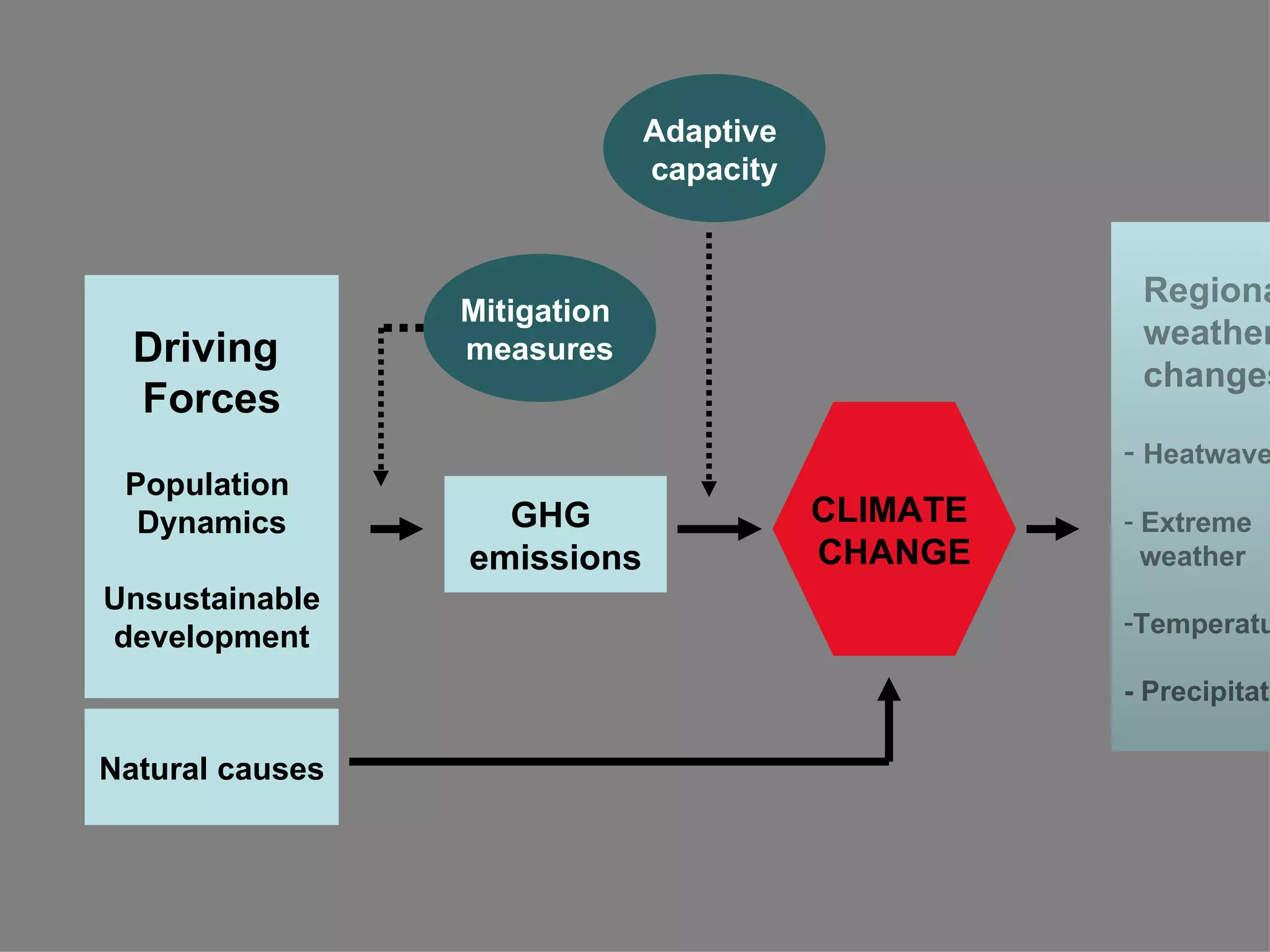 CLIMATE  CHANGE Regional  weather  changes Heatwaves Extreme weather Temperature - Precipitation Driving  Forces Population  Dynamics Unsustainable development Natural causes GHG  emissions Adaptive  capacity Mitigation  measures 