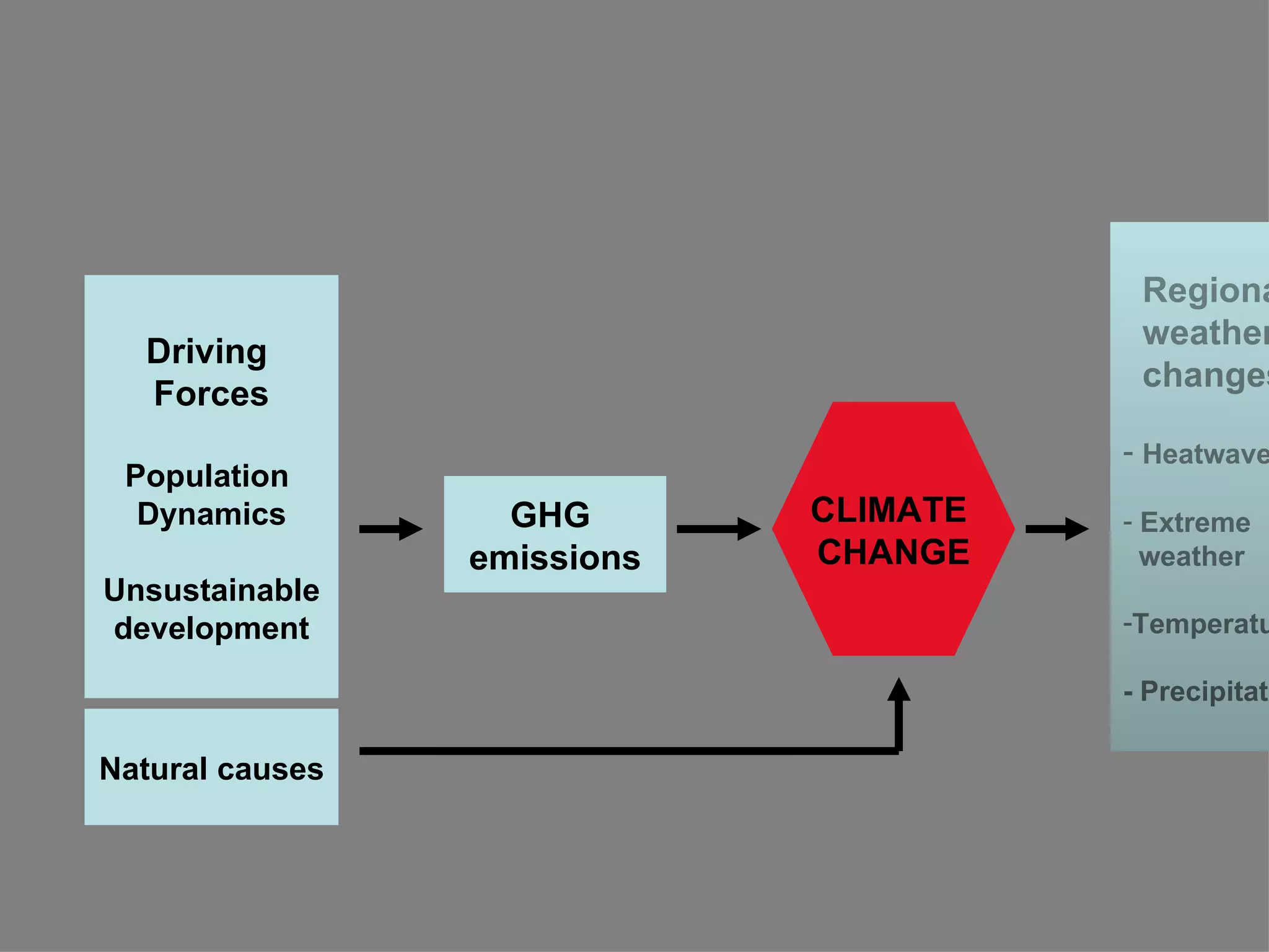 CLIMATE  CHANGE Regional  weather  changes Heatwaves Extreme weather Temperature - Precipitation Driving  Forces Population  Dynamics Unsustainable development Natural causes GHG  emissions 