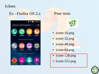 Icônes
Ex : Firefox OS 2.x Pour nous
● icone-16.png
● icone-32.png
● icone-48.png
● icone-64.png
● icone-128.png
● icone-512.png
 