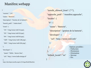 {
  "version": "1.0",
  "name": "Batterie",
  "description": "Gestion de la batterie",
  "launch_path": "/index.html",
  "icons": {
    "16": "/img/icons/rmll­16.png",
    "32": "/img/icons/rmll­32.png",
    "64": "/img/icons/rmll­64.png",
    "128": "/img/icons/rmll­128.png",
    "256": "/img/icons/rmll­256.png",
  },
  "developer": {
    "name": "Hello / Sector One",
    "url": "http://www.hello­design.fr"
  },
  "installs_allowed_from": ["*"],
  "appcache_path": "/manifest.appcache",
  "locales": {
    "fr": {
      "name" : "Batterie",         
      "description": "gestion de la batterie",
      "developer": {
        "url": "http://www.rmll.info"
      }
    }
  },
  "default_locale": "en"
}
Manifest.webapp
Options possibles :
- Fullscreen
- Permission
- Orientation
- Serveur
- Etc.
https://developer.mozilla.org/en-US/Apps/Build/Manifest
 