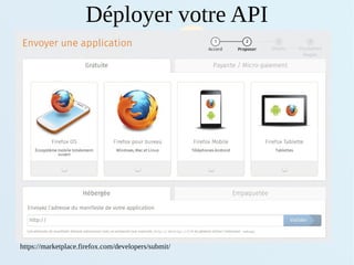 Déployer votre API
https://marketplace.firefox.com/developers/submit/
 