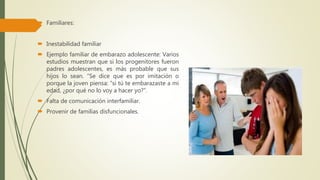  Familiares:
 Inestabilidad familiar
 Ejemplo familiar de embarazo adolescente: Varios
estudios muestran que si los progenitores fueron
padres adolescentes, es más probable que sus
hijos lo sean. “Se dice que es por imitación o
porque la joven piensa: “si tú te embarazaste a mi
edad, ¿por qué no lo voy a hacer yo?”.
 Falta de comunicación interfamiliar.
 Provenir de familias disfuncionales.
 