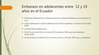 Embarazo en adolecentes entre 12 y 19
años en el Ecuador
 Embarazo adolescente o embarazo precoz es aquel embarazo que se produce en
una
 mujer adolescente: entre la adolescencia inicial o pubertad –comienzo de la edad
fértil–
 y el final de la adolescencia
 En la Provincia del Oro en el año 2012 existieron 380 casos de embarazos
terminando
 en los grupos de edad de 10 a 14 años y de 15 a 19 Años 406 casos y embarazos
 