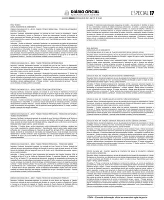ESPECIAL 
SALVADOR, SÁBADO, 30 DE JULHO DE 2022 - ANO CVI - No
23.469
República Federativa do Brasil - Estado da Bahia
DIÁRIO OFICIAL
NÍVEL TÉCNICO
CARGO: ASSISTENTE DE SANEAMENTO
CÓDIGOS DAS VAGAS: 301.01 a 301.03 - FUNÇÃO: TÉCNICO OPERACIONAL - TÉCNICO EM AUTOMAÇÃO E
CONTROLE INDUSTRIAL
Requisitos: Certificado, devidamente registrado, de conclusão de curso Técnico em Automação e Controle,
Técnico em Mecatrônica, Técnico em Eletrônica ou Técnico em Instrumentação, fornecido por instituição de
ensino reconhecida pelo Ministério da Educação, e registro no órgão de classe, acrescido de Carteira Nacional
de Habilitação definitiva, categoria B (carro) ou AB (moto e carro). Disponibilidade para realizar viagens a serviço,
quando necessário.
Atribuições: 1. Auxiliar na elaboração, implantação, fiscalização e no gerenciamento de projetos de instrumentação
e automação, bem como instalar e realizar manutenção preventiva nos instrumentos dos Sistemas deAbastecimen-
to de Água e de Esgotamento Sanitário da Embasa; 2. Planejar, acompanhar e/ou realizar manutenção preventiva
de equipamentos e instrumentos; 3. Analisar e avaliar os faturamentos de energia elétrica, fator de potência e
demais grandezas elétricas; 4. Planejar, controlar e fiscalizar a execução dos serviços contratados relacionados a
área de atuação, inclusive de pitometria, pesquisa de vazamento e macromedição; 5. Orientar, monitorar e operar
equipamentos e/ou acessórios das Estações Elevatórias (EE) e de Tratamento de Água (ETA) ou do Sistema de
Esgotamento Sanitário; 6. Executar outras atividades correlatas, conforme necessidade.
CÓDIGOS DAS VAGAS: 302.01 a 302.09 - FUNÇÃO: TÉCNICO EM ELETROMECÂNICA
Requisitos: Certificado, devidamente registrado, de conclusão de curso de nível Técnico em Eletromecâni-
ca, fornecido por instituição de ensino reconhecida pelo Ministério da Educação, e registro no órgão de classe,
acrescido de Carteira Nacional de Habilitação definitiva, categoria B (carro) ou AB (moto e carro). Disponibilidade
para realizar viagens a serviço, quando necessário.
Atribuições: 1. Auxiliar na elaboração, implantação e fiscalização de projetos eletromecânicos; 2. Auxiliar e/ou
executar o planejamento da manutenção preventiva e corretiva de equipamentos e sistemas eletromecânicos; 3.
Executar atividades de manutenção preditiva e preventiva; 4. Verificar o desempenho dos equipamentos eletrome-
cânicos, realizando medições elétricas e mecânicas; 5. Analisar e avaliar os faturamentos de energia elétrica, fator
de potência e demais grandezas elétricas; 6. Planejar, controlar e fiscalizar a execução dos serviços; 7. Executar
outras atividades correlatas, conforme necessidade.
CÓDIGOS DAS VAGAS: 303.01 a 303.06 - FUNÇÃO: TÉCNICO EM ELETROTÉCNICA
Requisitos: Certificado, devidamente registrado, de conclusão de curso Técnico em Eletrotécnica, fornecido por
instituição de ensino reconhecida pelo Ministério da Educação, e registro no órgão de classe, acrescido de Carteira
Nacional de Habilitação definitiva, categoria B (carro) ou AB (moto e carro). Disponibilidade para realizar viagens a
serviço, quando necessário.
Atribuições: 1. Auxiliar na elaboração, implantação e fiscalização de projetos elétricos, definindo especificações
de equipamentos e instrumentos; 2. Auxiliar e/ou executar planejamento da manutenção preventiva e corretiva
de equipamentos e sistemas elétricos; 3. Executar atividades de manutenção preditiva e preventiva; 4. Analisar e
avaliar os faturamentos de energia elétrica, fator de potência e demais grandezas elétricas; 5. Planejar, controlar e
fiscalizar a execução dos serviços contratados.
CÓDIGOS DAS VAGAS: 304.01 a 304.27 - FUNÇÃO: TÉCNICO OPERACIONAL - TÉCNICO EM EDIFICAÇÕES /
TÉCNICO EM SANEAMENTO
Requisitos: Certificado, devidamente registrado, de conclusão de curso Técnico em Edificações ou de Técnico em
Saneamento fornecido por instituição de ensino reconhecida pelo Ministério da Educação, e registro no órgão de
classe, acrescido de Carteira Nacional de Habilitação definitiva, categoria B (carro) ou AB (moto e carro). Disponibi-
lidade para realizar viagens a serviço, quando necessário.
Atribuições: 1. Fiscalizar obras e serviços operacionais, auxiliar na elaboração de viabilidades e projetos, bem
como, avaliar a qualidade dos materiais adquiridos; 2. Georreferenciar áreas em estudo (redes, ligações, peças,
edificações, etc); 3. Inspecionar Estações de Tratamento de Água (ETAs), de Esgoto (ETE’s) e dependências labo-
ratoriais, levantando as necessidades de intervenções nas instalações físicas e novas tecnologias nos processos
de tratamento; 4. Orientar, monitorar e operar equipamentos e/ou acessórios das Estações Elevatórias (EE) e de
Tratamento de Água (ETA) ou do Sistema de Esgotamento Sanitário; 5. Executar outras atividades correlatas,
conforme necessidade.
CÓDIGOS DAS VAGAS: 305.01 a 305.02 - FUNÇÃO: TÉCNICO OPERACIONAL - TÉCNICO EM QUÍMICA
Requisitos: Certificado, devidamente registrado, de conclusão de curso Técnico em Química, fornecido por
instituição de ensino reconhecida pelo Ministério da Educação, e registro no órgão de classe, acrescido de Carteira
Nacional de Habilitação definitiva, categoria B (carro) ou AB (moto e carro). Disponibilidade para realizar viagens a
serviço, quando necessário.
Atribuições: 1. Orientar, monitorar e operar equipamentos e/ou acessórios das Estações Elevatórias (EE)e de
Tratamento de Água (ETA) ou do Sistema de Esgotamento Sanitário. 2. Inspecionar Estações de Tratamento de
Água (ETAs), de Esgoto (ETE’s) e dependências laboratoriais, levantando as necessidades de intervenções nas
instalações físicas e novas tecnologias nos processos de tratamento; 3. Definir, programar e monitorar a utilização de
insumos nas etapas do processo de tratamento de água, controlando dosagem, consumo de reagentes e produtos
químicos; 4. realizar análises química e físico-química para cumprimento dos parâmetros da água bruta tratada
e dos efluentes das ETE’s, visando manter o controle operacional para atendimento às legislações pertinentes;
5. fiscalizar obras e serviços operacionais, auxiliar na elaboração de viabilidades e projetos, bem como, avaliar a
qualidade dos materiais adquiridos, para assegurar a qualidade dos serviços e otimização dos custos; 6. Executar
outras atividades correlatas, conforme necessidade.
CÓDIGOS DAS VAGAS: 306.01 a 306.07 - FUNÇÃO: TÉCNICO EM SEGURANÇA DO TRABALHO
Requisitos: Certificado, devidamente registrado, de conclusão de curso técnico em Segurança do Trabalho,
fornecido por instituição de ensino reconhecida pelo Ministério da Educação, e registro no Ministério do Trabalho
e Emprego ou na Secretaria de Inspeção do Trabalho, acrescido de Carteira Nacional de Habilitação definitiva,
categoria B (carro) ou AB (moto e carro). Disponibilidade para realizar viagens a serviço, quando necessário.
Atribuições: 1. Implementar ações relacionadas à segurança do trabalho e meio ambiente; 2. Identificar os fatores
de risco, de incidentes e acidentes do trabalho, de doenças profissionais e do trabalho e a presença de agentes
de riscos ambientais nocivos ao trabalhador, analisando os métodos e os processos de trabalho; 3. Informar aos
trabalhadores sobre as atividades insalubres ou perigosas existentes às quais estão expostos, orientando-os; 4.
Analisar o acidente para caracterizá-lo como acidente do trabalho, realizando a investigação, emitindo o Relatório
de Acidente do Trabalho- RAT com as causas e as medidas de controle; 5. Inspecionar os equipamentos eletro-ele-
trônicos, hidráulicos, mecânicos, instalações físicas administrativas e operacionais; 6. Dimensionar, inspecionar,
testar e controlar a instalação de extintores, e outros sistemas de controle de incêndio; 7. Executar outras atividades
correlatas, conforme necessidade.
NÍVEL SUPERIOR
CARGO: ANALISTA DE SANEAMENTO
CÓDIGOS DAS VAGAS: 401.01 a 401.06 - FUNÇÃO: ASSISTENTE SOCIAL (SERVIÇO SOCIAL)
Requisitos: Diploma, devidamente registrado, de curso de graduação de nível superior em Serviço Social, fornecido
por instituição de ensino reconhecida pelo Ministério da Educação, e registro no órgão de classe. Disponibilidade
para realizar viagens a serviço, quando necessário.
Atribuições: 1. Desenvolver Políticas Sociais, implementar projetos e ações de promoção à saúde integral; 2.
Elaborar projetos sociais relacionados a empreendimentos e extensões de rede, e fiscalizar sua execução;
3. Elaborar, implementar e fiscalizar programas e projetos de educação sanitária e ambiental, comunicação e
compensação social nas áreas já atendidas pela Embasa; 4. Representar a Embasa perante órgãos e entidades
públicas e sociedade civil organizada no tocante às demandas socioambientais; 5. Executar outras atividades
correlatas, conforme necessidade.
CÓDIGO DA VAGA: 402 - FUNÇÃO: ANALISTA DE GESTÃO / ADMINISTRAÇÃO
Requisitos: Diploma, devidamente registrado, de curso de graduação de nível superior de bacharelado em Adminis-
tração, fornecido por instituição de ensino reconhecida pelo Ministério da Educação e registro no órgão de classe.
Disponibilidade para realizar viagens a serviço, quando necessário.
Atribuições: 1. Realizar atividades de planejamento, organização, controle e assessoria relacionada à gestão dos
processos; 2. Realizar atividades de implantação e disseminação do sistema de gestão, assim como elaborar e
acompanhar os programas financeiros e orçamentários; 3. Analisar, implantar e realizar políticas e procedimen-
tos dos subsistemas de recursos humanos; 4. Analisar, acompanhar e realizar ações de execução orçamentária,
processos financeiros e comerciais; 5. Realizar auditorias dos processos administrativos, financeiro-comercial, de
engenharia, operacional, licitatórios e jurídicos; 6. Executar outras atividades correlatas, conforme necessidade.
CÓDIGO DA VAGA: 403 - FUNÇÃO: ANALISTA DE GESTÃO / CIÊNCIAS ECONÔMICAS
Requisitos: Diploma, devidamente registrado, de curso de graduação de nível superior de bacharelado em Ciências
Econômicas, fornecido por instituição de ensino reconhecida pelo Ministério da Educação e registro no órgão de
classe. Disponibilidade para realizar viagens a serviço, quando necessário.
Atribuições: 1. Analisar, acompanhar e realizar ações de execução orçamentária, processos financeiros e
comerciais; 2. Realizar atividades de planejamento, organização, controle e assessoria relacionada à gestão dos
processos administrativo, financeiro, comercial, de regulação, dentre outros; 3. Realizar atividades de implantação e
disseminação do sistema de gestão, assim como elaborar e acompanhar os programas financeiros e orçamentários;
4. Realizar auditorias dos processos; 5. Executar outras atividades correlatas, conforme necessidade.
CÓDIGO DA VAGA: 404 - FUNÇÃO: CONTADOR - ANALISTA DE GESTÃO / CIÊNCIAS CONTÁBEIS
Requisitos: Diploma, devidamente registrado, de curso de graduação de nível superior de bacharelado em Ciências
Contábeis, fornecido por instituição de ensino reconhecida pelo Ministério da Educação e registro no órgão de
classe. Disponibilidade para realizar viagens a serviço, quando necessário.
Atribuições: 1. Planejar, executar e controlar os procedimentos e rotinas contábeis e fiscais; 2. Efetuar levantamento
das informações contábeis/ fiscais/ financeiras/ patrimoniais/ de pessoal/ suprimento; 3. Apropriar os gastos com
obras em andamento; 4. Participar da elaboração das demonstrações contábeis; 5. Acompanhar o controle do ativo
permanente; 6. Analisar processos cíveis, trabalhistas e tributários de acordo com a legislação vigente, sentenças
e propor a confirmação ou não dos cálculos apresentados; 7. Realizar atividades de planejamento, organização,
controle e assessoria relacionada à gestão dos processos; 8. Realizar atividades de implantação e disseminação
do sistema de gestão, assim como elaborar e acompanhar os programas financeiros e orçamentários; 9. Analisar,
implantar e realizar políticas e procedimentos dos subsistemas de recursos humanos; 10. Analisar, acompanhar e
realizar ações de execução orçamentária, processos financeiros e comerciais; 11. Realizar auditorias; 12. Executar
outras atividades correlatas, conforme necessidade.
CÓDIGO DA VAGA: 405 - FUNÇÃO: ANALISTA DE CONTROLE DE ÁGUAS E EFLUENTES / CIÊNCIAS
BIOLÓGICAS OU BIOMEDICINA
Requisitos: Diploma, devidamente registrado, de curso de graduação de nível superior de bacharelado em Ciências
Biológicas ou em Biomedicina, com habilitação envolvendo análise de águas e esgotamento fornecido por instituição
de ensino reconhecida pelo Ministério da Educação, e registro no órgão de classe. Disponibilidade para realizar
viagens a serviço, quando necessário.
Atribuições: 1. Planejar e implementar as atividades de monitoramento ambiental e de controle de qualidade da
água e efluentes; 2. Pesquisar, desenvolver e implantar novas metodologias de análises laboratoriais, processos de
tratamento de água e esgoto; 3. Validar informações microbiológicas, limnológicas e de monitoramento ambiental
do controle da qualidade, assumindo a responsabilidade técnica pelo envio aos órgãos de controle, vigilância e
agência reguladora, e realizar o seu lançamento no Sistema de Informação de Vigilância da Qualidade da Água
para Consumo Humano do Ministério da Saúde; 4. elaborar e emitir relatório, nota e parecer técnico, considerando
o resultado das análises microbiológicas, limnológicas e de monitoramento ambiental do processo de controle da
qualidade; 5. planejar, implantar e acompanhar a execução das ferramentas de garantia da qualidade metrológica
dos ensaios de controle de qualidade da água e dos efluentes; 6. Planejar a manutenção preditiva e corretiva,
calibração e aferição dos equipamentos de controle e monitoramento de água e esgoto; 7. Planejar, gerenciar e
controlar a aquisição e o custo dos insumos, materiais e equipamentos que serão utilizados nas análises microbio-
lógicas, limnológicas e de monitoramento ambiental e do processo de controle da qualidade; 8. Participar do esta-
belecimento e atualização da rede de amostragem de água e esgoto, selecionando “in loco” pontos estratégicos; 9.
Executar outras atividades correlatas, conforme necessidade.
CÓPIA - Consulte informação oficial em www.dool.egba.ba.gov.br
 