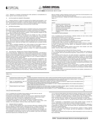 ESPECIAL
SALVADOR, SÁBADO, 30 DE JULHO DE 2022 - ANO CVI - No
23.469
República Federativa do Brasil - Estado da Bahia
DIÁRIO OFICIAL
11.24.1 Referente as condições de Biossegurança serão aplicadas as normas/decretos do
Estado, vigentes à época da aplicação das provas.
12. DA DIVULGAÇÃO DO GABARITO PRELIMINAR
12.1 O gabarito preliminar e o caderno de questões da Prova Objetiva serão divulgados 1 (um)
dia após a aplicação da Prova Objetiva, no endereço eletrônico http://www.institutoaocp.org.br/.
12.2 Quanto ao gabarito preliminar e o caderno de questões divulgados, caberá a interposição
de recurso, devidamente fundamentado, nos termos do item 20 deste Edital.
13. DA PROVA DISCURSIVA
13.1 A Prova Discursiva será aplicada a todos os candidatos inscritos para a função de Agente
Administrativo e para as funções de Nível Técnico e Superior, juntamente à Prova Objetiva.
13.1.1 Para a função de Agente Administrativo, a Prova Discursiva consistirá em uma Redação.
13.1.2 Para as funções de Nível Técnico e Superior, a Prova Discursiva consistirá em uma
Questão Teórica de Conhecimentos Específicos.
13.2 Somente será corrigida a Prova Discursiva do candidato que: obter a pontuação
estabelecida no subitem 10.4 e estiver classificado na Prova Objetiva até o limite de 3 (três)
vezes a quantidade de vagas disponíveis para a Ampla Concorrência, Pessoa com Deficiência e
Negros, além de não ser eliminado por outros critérios estabelecidos neste Edital.
13.2.1 Para as funções que não possuem vagas reservadas disponíveis (candidatos PcD e
negros), terão a Prova Discursiva corrigida os candidatos classificados até a 3ª (terceira) posição
da respectiva reserva, desde que não estejam entre a classificação para convocação da ampla
concorrência.
13.2.2 Todos os candidatos empatados com o último colocado na prova objetiva, dentre os
limites dispostos nos subitens 13.2 e 13.2.1, terão sua Prova Discursiva corrigida.
13.2.3 Os candidatos não classificados dentro do número máximo estabelecido no subitem
13.2, ainda que tenham a nota mínima prevista no subitem 10.4, estarão automaticamente
desclassificados no Concurso Público.
13.3 Prova Discursiva - Redação para a função de Agente Administrativo:
13.3.1 A Prova Discursiva - Redação para a função de Agente Administrativo, será elaborada a
partir de um tema proposto, baseado em um ou mais textos ou fragmentos de textos. O candidato
adotará uma linha de abordagem utilizando a tipologia textual “Dissertação” e o seu texto deverá
apresentar valores, opiniões, crenças, hipóteses, ideias, em suma, os aspectos axiológicos ou
cognitivos para esse tipo de produção textual.
13.3.2 A correção da Prova Discursiva - Redação, de caráter eliminatório e classificatório, será
realizada por uma Banca Corretora, conforme os aspectos mencionados na Tabela 13.1, cuja
pontuação máxima de 30 (trinta) pontos. O candidato deverá obter 60% (sessenta por cento) ou
mais do total da pontuação prevista para a Prova Discursiva - Redação, para não ser eliminado
do concurso público, além de não ser eliminado por outros critérios estabelecidos neste Edital.
13.3.3 A Folha da Versão Definitiva será o único documento válido para a avaliação da Prova
Discursiva - Redação. A folha para rascunho, no caderno de questões, é de preenchimento
facultativo e não valerá para a finalidade de avaliação da Prova Discursiva - Redação.
13.3.4 O candidato disporá de 20 (vinte) linhas, no mínimo, e 30 (trinta) linhas, no máximo
para elaborar a versão definitiva da Prova Discursiva - Redação, sendo desconsiderado, para
efeito de avaliação, qualquer fragmento de texto que for escrito fora do local apropriado ou que
ultrapassar a extensão máxima permitida para elaboração.
13.3.5 A Prova Discursiva - Redação será avaliada considerando-se os aspectos presentes na
Tabela 13.1:
TABELA 13.1
Aspectos: Pontuação máxima
1 Atendimento e desenvolvimento do tema. 6
2 Coesão referencial e sequencial (intra e entre parágrafos) / Coerência
(progressão, articulação, não contradição).
6
3 Atendimento à estrutura textual proposta. 6
4 Informatividade e argumentação. 6
5 Modalidade gramatical: pontuação, grafia (inclusive legibilidade), concordância
e regência.
6
TOTAL MÁXIMO DE PONTOS DA REDAÇÃO 30
13.3.6 O candidato terá sua Prova Discursiva - Redação avaliada com nota 0 (zero) e estará
automaticamente eliminado do concurso público se:
a) não desenvolver o tema proposto, ou seja, fugir ao tema proposto;
b) não desenvolver o tema na tipologia textual exigida;
c) apresentar acentuada desestruturação na organização textual ou atentar contra o pudor;
d) redigir seu texto a lápis, ou a tinta em cor diferente de azul ou preta;
e) não apresentar sua Prova Discursiva - Redação na Folha da Versão Definitiva ou entregá-la
em branco, ou desenvolvê-la com letra ilegível, com espaçamento excessivo entre letras,
palavras, parágrafos e margens;
f) apresentar identificação de qualquer natureza (nome parcial, nome completo, outro nome
qualquer, número(s), letra(s), sinais, desenhos ou códigos).
13.4 Prova Discursiva para as funções de Nível Técnico e Superior:
13.4.1 A Prova Discursiva para as funções de Nível Técnico e Superior será composta por
01 (uma) Questão Teórica de Conhecimentos Específicos, conforme Anexo III - dos Conteúdos
Programáticos.
13.4.2 A correção da Prova Discursiva, de caráter eliminatório e classificatório, será realizada
por uma Banca Corretora, conforme os aspectos mencionados na Tabela 13.2, cuja pontuação
máxima será de 30 (trinta) pontos. O candidato deverá obter 60% (sessenta por cento) ou mais
do total da pontuação prevista para a Prova Discursiva, para não ser eliminado do concurso
público, além de não ser eliminado por outros critérios estabelecidos neste Edital.
13.4.3 A Folha da Versão Definitiva será o único documento válido para a avaliação da Prova
Discursiva. A folha para rascunho, no caderno de questões, é de preenchimento facultativo e não
valerá para a finalidade de avaliação da Prova Discursiva.
13.4.4 O candidato disporá de, no mínimo, 10 (dez) linhas e, no máximo, 30 (trinta) linhas
para elaborar a resposta da questão, sendo desconsiderado, para efeito de avaliação, qualquer
fragmento de texto que for escrito fora do local apropriado ou que ultrapassar a extensão máxima
permitida para elaboração.
13.4.5 A Questão Teórica de Conhecimentos Específicos será avaliada considerando-se os
aspectos presentes na Tabela 13.2:
TABELA 13.2
Aspectos Descrição Pontuação máxima
1 Conhecimento técnico-científico sobre a matéria. O candidato deve apresentar conhecimento teórico e prático a respeito do assunto/tema abordado pela questão, demonstrando domínio técnico e científico. 12
2 Atendimento ao tema proposto na questão. Aresposta elaborada deve ser concernente ao tema proposto pela questão discursiva.Assim, a cada critério não atendido em relação aoAspecto 1 (Conhecimento
técnico-científico sobre a matéria) a resposta receberá os respectivos descontos no Aspecto Atendimento ao tema.
8
3 Clareza na argumentação/senso crítico em
relação ao tema proposto na questão.
A argumentação apresentada pelo candidato deve ser pertinente e clara, capaz de convencer seu interlocutor a respeito do ponto de vista defendido, além de
demonstrar senso crítico em relação ao questionamento abordado pela questão discursiva.
Caso o candidato tenha obtido pontuação igual a 0 (zero) nos aspectos 1 e 2, o de nº 3, “Clareza na argumentação/senso crítico em relação ao tema proposto na
questão”, também será pontuado com nota 0 (zero).
5
4 Utilização adequada da Língua Portuguesa. A resposta elaborada deve apresentar em sua estrutura textual: uso adequado da ortografia, pontuação, regência e concordância (requisitos gramaticais),
constituição adequada dos parágrafos conforme o assunto abordado, respeito às margens e legibilidade.
Caso o candidato tenha obtido pontuação igual a 0 (zero) nos aspectos 1 e 2, o de nº 4, “Utilização adequada da Língua Portuguesa”, também será pontuado com
nota 0 (zero).
5
TOTAL DE PONTOS PARAA QUESTÃO 30
13.4.6 O candidato terá sua Questão Teórica avaliada com nota 0 (zero) em caso de:
a) não atender ao tema proposto e ao conteúdo avaliado;
b) manuscrever em letra ilegível ou grafar por outro meio que não o determinado neste Edital;
c) apresentar acentuada desestruturação na organização textual ou atentar contra o pudor;
d) redigir seu texto a lápis, ou à tinta em cor diferente de azul ou preta;
e) não apresentar as questões na Folha da Versão Definitiva ou entregá-la em branco;
f) apresentar identificação, em local indevido, de qualquer natureza (nome parcial, nome
completo, outro nome qualquer, número(s), letra(s), sinais, desenhos ou códigos).
13.5 COMUNS PARA AS FUNÇÕES:
13.5.1 A Folha da Versão Definitiva será o único documento válido para a avaliação da Prova
Discursiva (Redação ou Questão Teórica). A folha para rascunho, no caderno de questões, é de
preenchimento facultativo e não valerá para a finalidade de avaliação da Prova Discursiva.
13.5.2 A Prova Discursiva deverá ser feita à mão pelo próprio candidato, em letra legível, com
caneta esferográfica transparente de tinta azul ou preta, não sendo permitida a interferência e/
ou a participação de outras pessoas, salvo em caso de candidato a quem tenha sido deferido
atendimento especial para a realização das provas.
13.5.3 A Folha da Versão Definitiva não poderá ser assinada, rubricada ou conter, em outro local
que não o apropriado, qualquer palavra ou marca que possibilite a identificação do candidato.
13.5.4 O candidato não poderá manusear e consultar nenhum tipo de material, devendo
atentar-se apenas para as informações contidas na Prova Discursiva para sua realização.
13.5.6 Na Prova Discursiva, deverão ser rigorosamente observados os limites mínimos e
máximos de linhas, previstos no item 13, sob pena de perda de pontos a serem atribuídos à
prova.
13.5.7 A sigilosidade e a impessoalidade da prova serão mantidas durante o processo de
correção, resguardando do corretor (banca corretora) a identidade do candidato.
13.5.7.1 Para a correção da Prova Discursiva, a Folha da Versão Definitiva será digitalizada e
a identificação do candidato omitida, para somente então ser disponibilizada para a correção
através de um ambiente eletrônico.
13.5.7.2 Na Folha da Versão Definitiva da Prova Discursiva, constará no rodapé a seguinte
informação ao candidato: “Para Correção, esta folha será digitalizada e a identificação do
candidato será omitida”.
13.5.8 Quanto ao resultado da Prova Discursiva, caberá interposição de recurso nos termos do
item 20 deste Edital.
CÓPIA - Consulte informação oficial em www.dool.egba.ba.gov.br
 