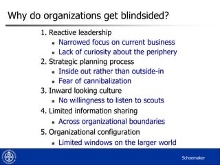Why do organizations get blindsided?
1. Reactive leadership
 Narrowed focus on current business
 Lack of curiosity about the periphery
2. Strategic planning process
 Inside out rather than outside-in
 Fear of cannibalization
3. Inward looking culture
 No willingness to listen to scouts
4. Limited information sharing
 Across organizational boundaries
5. Organizational configuration
 Limited windows on the larger world
Schoemaker

 