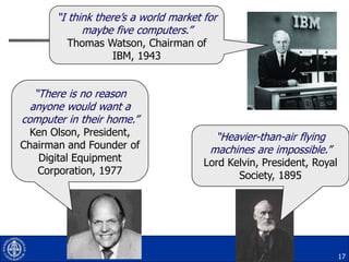 “I think there‟s a world market for
maybe five computers.”
Thomas Watson, Chairman of
IBM, 1943

“There is no reason
anyone would want a
computer in their home.”

Ken Olson, President,
Chairman and Founder of
Digital Equipment
Corporation, 1977

“Heavier-than-air flying
machines are impossible.”

Lord Kelvin, President, Royal
Society, 1895

17

 
