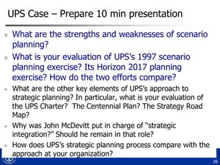 UPS Case – Prepare 10 min presentation










What are the strengths and weaknesses of scenario
planning?
What is your evaluation of UPS‟s 1997 scenario
planning exercise? Its Horizon 2017 planning
exercise? How do the two efforts compare?
What are the other key elements of UPS‟s approach to
strategic planning? In particular, what is your evaluation of
the UPS Charter? The Centennial Plan? The Strategy Road
Map?
Why was John McDevitt put in charge of “strategic
integration?” Should he remain in that role?
How does UPS‟s strategic planning process compare with the
approach at your organization?
26

 