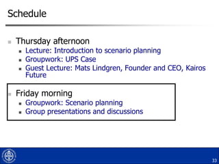 Schedule


Thursday afternoon







Lecture: Introduction to scenario planning
Groupwork: UPS Case
Guest Lecture: Mats Lindgren, Founder and CEO, Kairos
Future

Friday morning



Groupwork: Scenario planning
Group presentations and discussions

33

 
