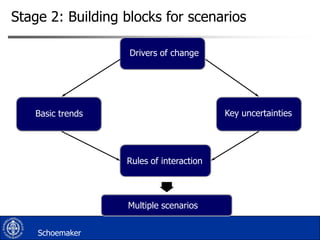 Stage 2: Building blocks for scenarios
Drivers of change

Key uncertainties

Basic trends

Rules of interaction

Multiple scenarios
Schoemaker

 