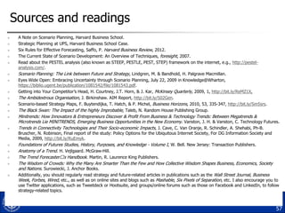 Sources and readings
























A Note on Scenario Planning, Harvard Business School.
Strategic Planning at UPS, Harvard Business School Case.
Six Rules for Effective Forecasting, Saffo, P. Harvard Business Review, 2012.
The Current State of Scenario Development: An Overview of Techniques, foresight, 2007.
Read about the PESTEL analysis (also known as STEEP, PESTLE, PEST, STEP) framework on the internet, e.g., http://pestelanalysis.com/.
Scenario Planning: The Link between Future and Strategy, Lindgren, M. & Bandhold, H. Palgrave Macmillan.
Eyes Wide Open: Embracing Uncertainty through Scenario Planning, July 22, 2009 in Knowledge@Wharton,
https://biblio.ugent.be/publication/1081542/file/1081543.pdf.
Getting into Your Competitor‟s Head, H. Courtney, J.T. Horn, & J. Kar, McKinsey Quarterly, 2009, 1, http://bit.ly/ReMZ1X.
The Ambidextrous Organisation, J. Birkinshaw. AIM Report, http://bit.ly/S02Gen.
Scenario-based Strategy Maps, F. Buytendijka, T. Hatch, & P. Michel, Business Horizons, 2010, 53, 335-347, http://bit.ly/Sm5srs.
The Black Swan: The Impact of the highly Improbable, Taleb, N. Random House Publishing Group.

Minitrends: How Innovators & Entrepreneurs Discover & Profit From Business & Technology Trends: Between Megatrends &
Microtrends Lie MINITRENDS, Emerging Business Opportunities in the New Economy. Vanston, J. H. & Vanston, C. Technology Futures.
Trends in Connectivity Technologies and Their Socio-economic Impacts, J. Cave, C. Van Oranje, R. Schindler, A. Shehabi, Ph-B.
Bruscher, N. Robinson, Final report of the study: Policy Options for the Ubiquitous Internet Society, For DG Information Society and
Media, 2009, http://bit.ly/RuEmyk.
Foundations of Futures Studies, History, Purposes, and Knowledge - Volume I, W. Bell. New Jersey: Transaction Publishers.
Anatomy of a Trend. H. Vejlgaard. McGraw-Hill.
The Trend Forecasterʼs Handbook. Martin, R. Laurence King Publishers.

The Wisdom of Crowds: Why the Many Are Smarter Than the Few and How Collective Wisdom Shapes Business, Economics, Society
and Nations. Surowiecki, J. Anchor Books.
Additionally, you should regularly read strategy and future-related articles in publications such as the Wall Street Journal, Business
Week, Forbes, Wired, etc., as well as on online sites and blogs such as Mashable, Six Pixels of Separation, etc. I also encourage you to

use Twitter applications, such as Tweetdeck or Hootsuite, and groups/online forums such as those on Facebook and LinkedIn, to follow
strategy-related topics.

57

 