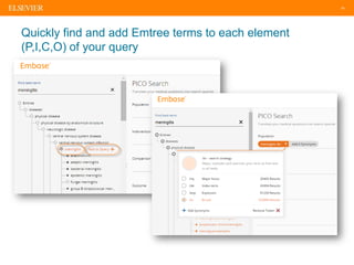 19
Quickly find and add Emtree terms to each element
(P,I,C,O) of your query
 