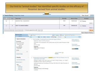 Our limit to “animal studies” has identified specific studies on the efficacy of
Peramivir derived from animal studies.
 