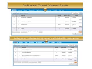 Combined with “Peramivir” shows only 3 results
Adding more similar terms – synonyms – with OR will increase results
 