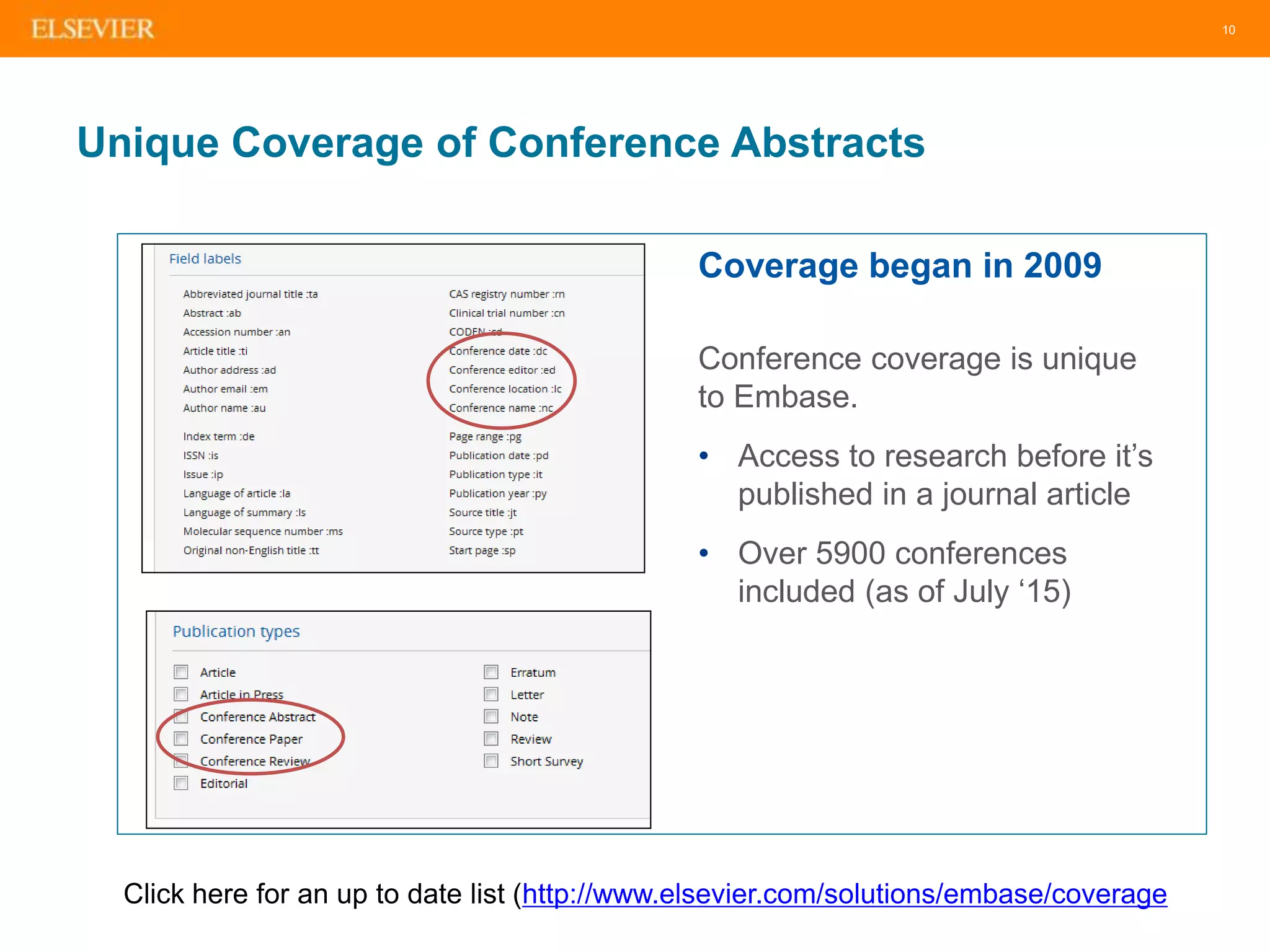 10
Unique Coverage of Conference Abstracts
Coverage began in 2009
Conference coverage is unique
to Embase.
• Access to research before it’s
published in a journal article
• Over 5900 conferences
included (as of July ‘15)
Click here for an up to date list (http://www.elsevier.com/solutions/embase/coverage
 