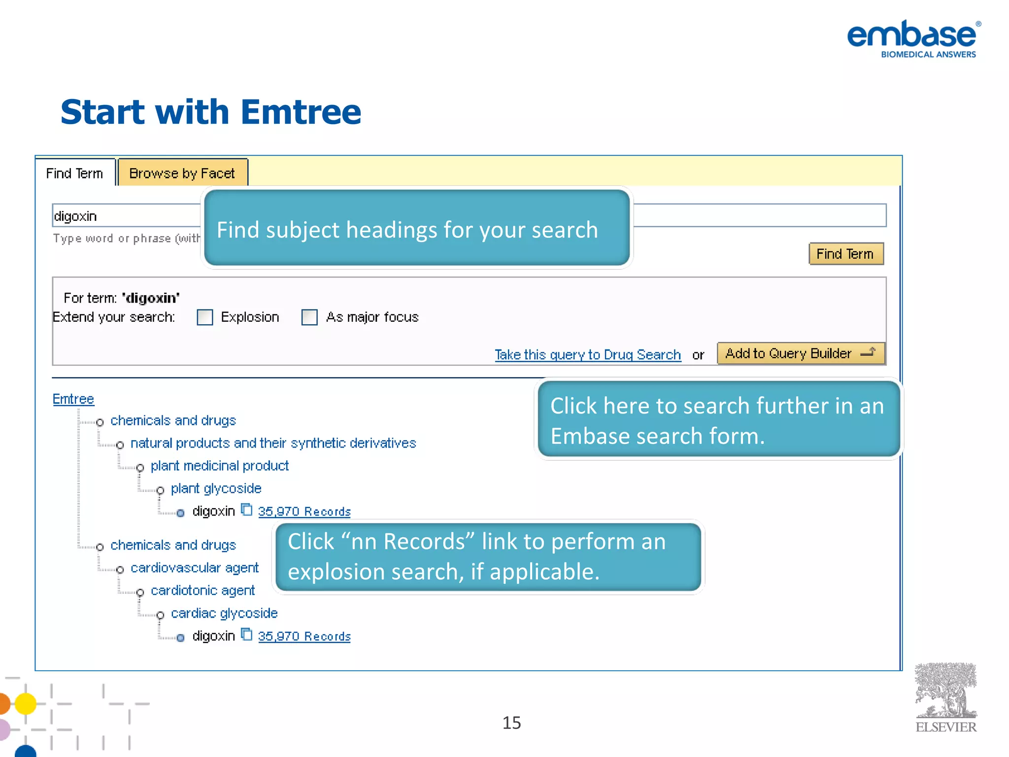 Start with Emtree Find subject headings for your search Click here to search further in an Embase search form. Click “nn Records” link to perform an explosion search, if applicable. 