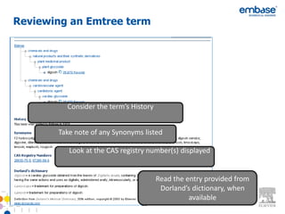 Reviewing an Emtree term




         Consider the term’s History


       Take note of any Synonyms listed

          Look at the CAS registry number(s) displayed


                                       Read the entry provided from
                                        Dorland’s dictionary, when
                                                 available
                                25
 