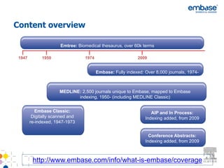 Content overview

                      Emtree: Biomedical thesaurus, over 60k terms

 1947         1950               1974                       2009


                                        Embase: Fully indexed: Over 8,000 journals, 1974-



                      MEDLINE: 2,500 journals unique to Embase, mapped to Embase
                             indexing, 1950- (including MEDLINE Classic)


           Embase Classic:                                        AIP and In Process:
         Digitally scanned and                                 Indexing added, from 2009
        re-indexed, 1947-1973


                                                                 Conference Abstracts:
                                                               Indexing added, from 2009



         http://www.embase.com/info/what-is-embase/coverage
 