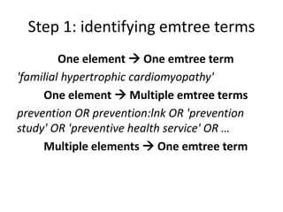 Step 1: identifying emtree terms
One element  One emtree term
'familial hypertrophic cardiomyopathy'
One element  Multiple emtree terms
prevention OR prevention:lnk OR 'prevention
study' OR 'preventive health service' OR …
Multiple elements  One emtree term
 