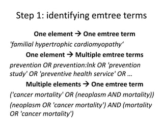Step 1: identifying emtree terms
One element  One emtree term
'familial hypertrophic cardiomyopathy‘
One element  Multiple emtree terms
prevention OR prevention:lnk OR 'prevention
study' OR 'preventive health service' OR …
Multiple elements  One emtree term
('cancer mortality' OR (neoplasm AND mortality))
(neoplasm OR 'cancer mortality') AND (mortality
OR 'cancer mortality')
 