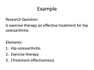 Example
Research Question:
Is exercise therapy an effective treatment for hip
osteoarthritis
Elements:
1. Hip osteoarthritis
2. Exercise therapy
3. (Treatment effectiveness)
 