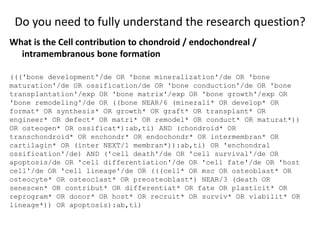 Do you need to fully understand the research question?
What is the Cell contribution to chondroid / endochondreal /
intramembranous bone formation
((('bone development'/de OR 'bone mineralization'/de OR 'bone
maturation'/de OR ossification/de OR 'bone conduction'/de OR 'bone
transplantation'/exp OR 'bone matrix'/exp OR 'bone growth'/exp OR
'bone remodeling'/de OR ((bone NEAR/6 (minerali* OR develop* OR
format* OR synthesis* OR growth* OR graft* OR transplant* OR
engineer* OR defect* OR matri* OR remodel* OR conduct* OR maturat*))
OR osteogen* OR ossificat*):ab,ti) AND (chondroid* OR
transchondroid* OR enchondr* OR endochondr* OR intermembran* OR
cartilagin* OR (inter NEXT/1 membran*)):ab,ti) OR 'enchondral
ossification'/de) AND ('cell death'/de OR 'cell survival'/de OR
apoptosis/de OR 'cell differentiation'/de OR 'cell fate'/de OR 'host
cell'/de OR 'cell lineage'/de OR (((cell* OR msc OR osteoblast* OR
osteocyte* OR osteoclast* OR preosteoblast*) NEAR/3 (death OR
senescen* OR contribut* OR differentiat* OR fate OR plasticit* OR
reprogram* OR donor* OR host* OR recruit* OR surviv* OR viabilit* OR
lineage*)) OR apoptosis):ab,ti)
 