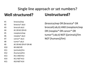 Single line approach or set numbers?
Well structured?
#1 brassica/exp
#2 brassica*:ab,ti
#3 broccoli:ab,ti
#4 #1 OR #2 OR #3
#5 neoplasm/exp
#6 neoplas*:ab,ti
#7 cancer*:ab,ti
#8 tumor*:ab,ti
#9 #5 OR #6 OR #7 OR #8
#10 #4 AND #9
#11 [animals]/lim
#12 [humans]/lim
#13 #11 AND #12
#14 #11 NOT #13
#15 #10 NOT #14
Unstructured?
(brassica/exp OR (brassica* OR
broccoli):ab,ti) AND (neoplasm/exp
OR (neoplas* OR cancer* OR
tumor*):ab,ti) NOT ([animals]/lim
NOT [humans]/lim)
 