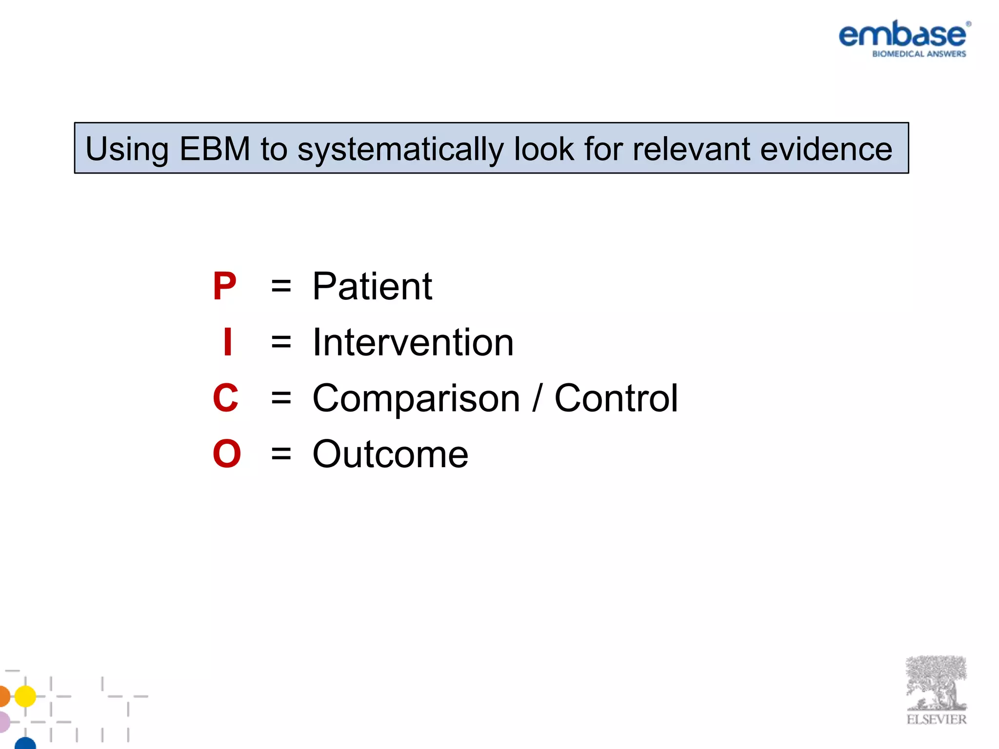 Using EBM to systematically look for relevant evidence



        P   =   Patient
        I   =   Intervention
        C   =   Comparison / Control
        O   =   Outcome
 