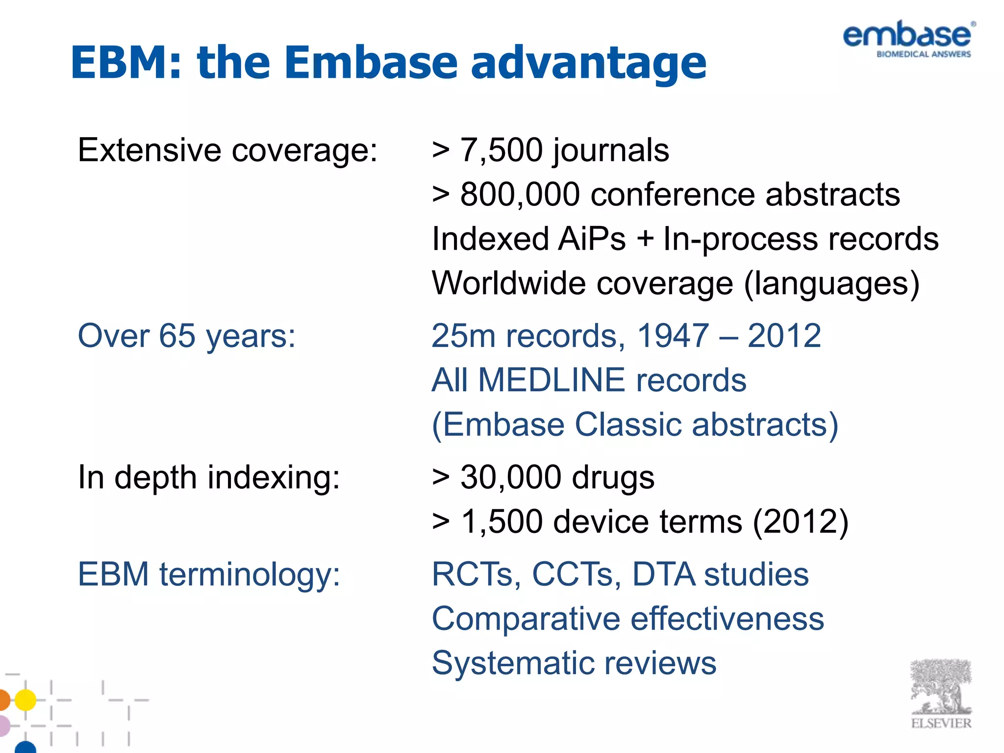 EBM: the Embase advantage
Extensive coverage:   > 7,500 journals
                      > 800,000 conference abstracts
                      Indexed AiPs + In-process records
                      Worldwide coverage (languages)
Over 65 years:        25m records, 1947 – 2012
                      All MEDLINE records
                      (Embase Classic abstracts)
In depth indexing:    > 30,000 drugs
                      > 1,500 device terms (2012)
EBM terminology:      RCTs, CCTs, DTA studies
                      Comparative effectiveness
                      Systematic reviews
 