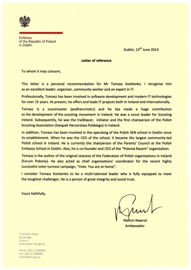 ambassador recommendation letter from