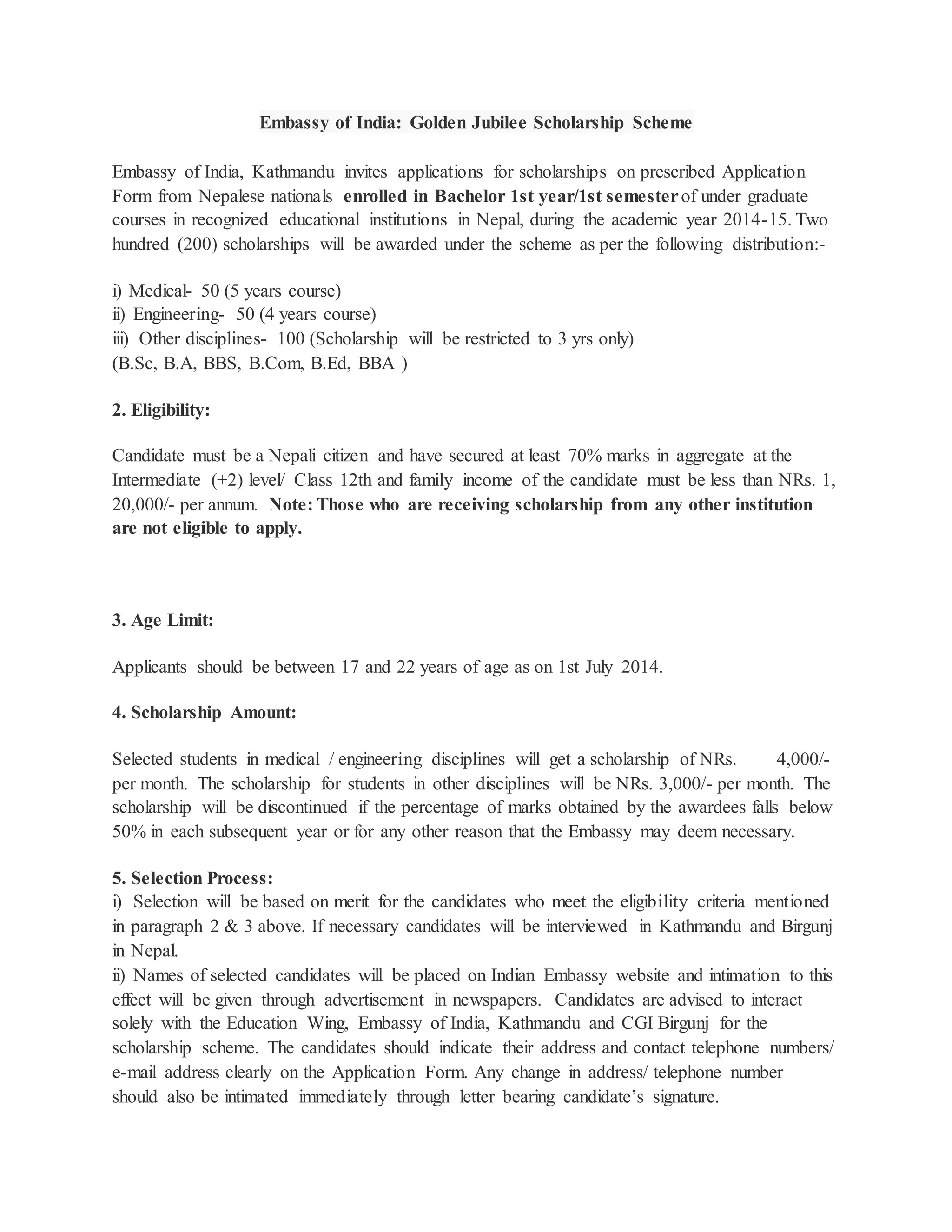 Embassy of India Golden Jubilee Scholarship Scheme PDF