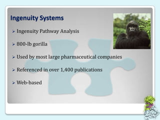 Ingenuity SystemsIngenuity Pathway Analysis800-lb gorillaUsed by most large pharmaceutical companiesReferenced in over 1,400 publicationsWeb-based